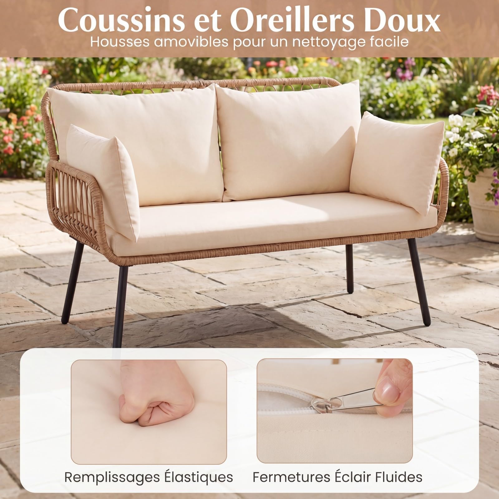 COSTWAY Canapé de Jardin 2 Places en Rotin PE, Banc de Jardin avec Coussins, Oreillers, Cadre en Métal, Pieds Réglables, Banquette pour Balcon Terrasse Piscine, Charge 300 kg, 118 x 62 x 81 cm