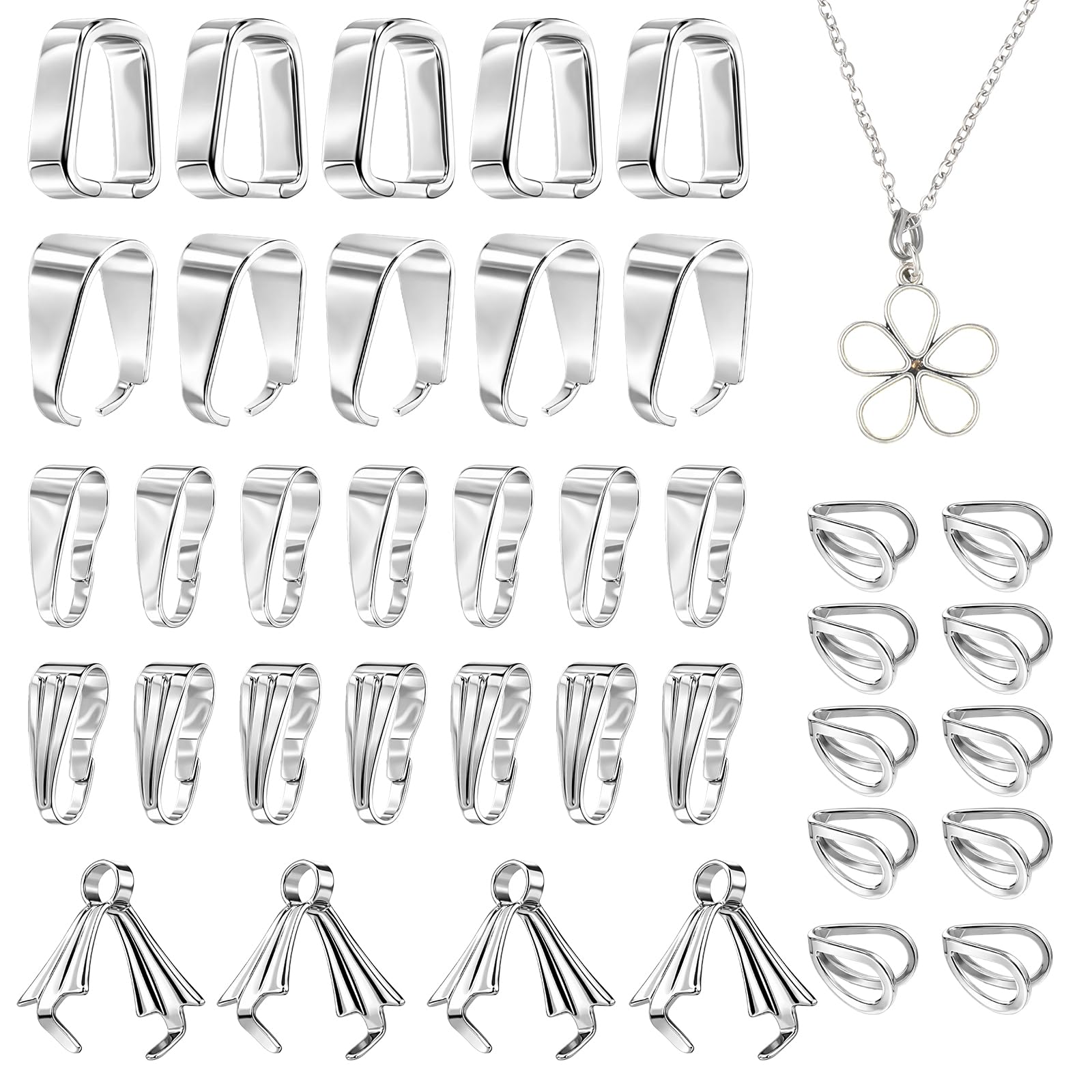 180PCS Necklace Pendant Clasp, 6 Styles Pinch Bails Ice Pick Pinch Bails