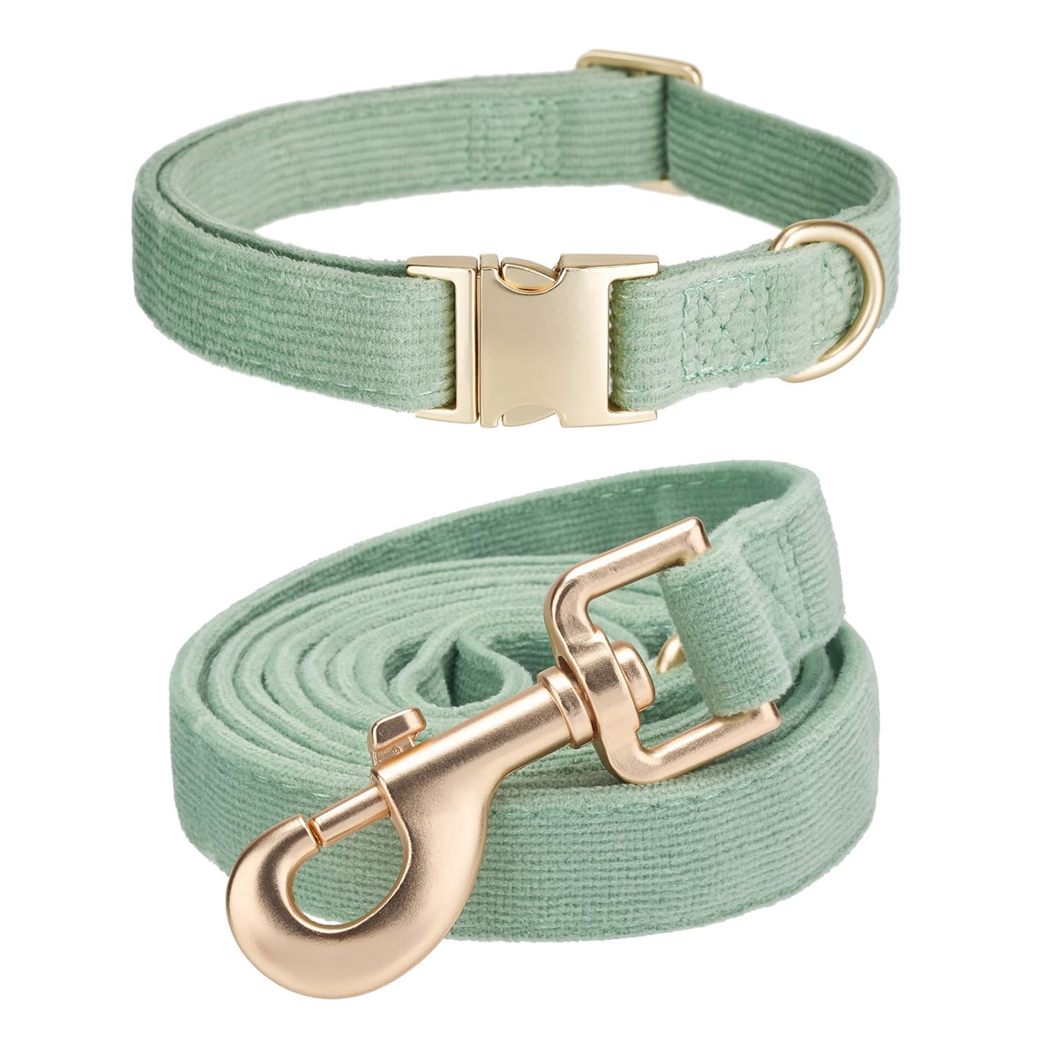 Ewinoom Soft Corduroy Dog Collar and Leash Set Adjustable Durable Dog Collars with Metal Buckle and Lead for Small Dogs,Grass Green