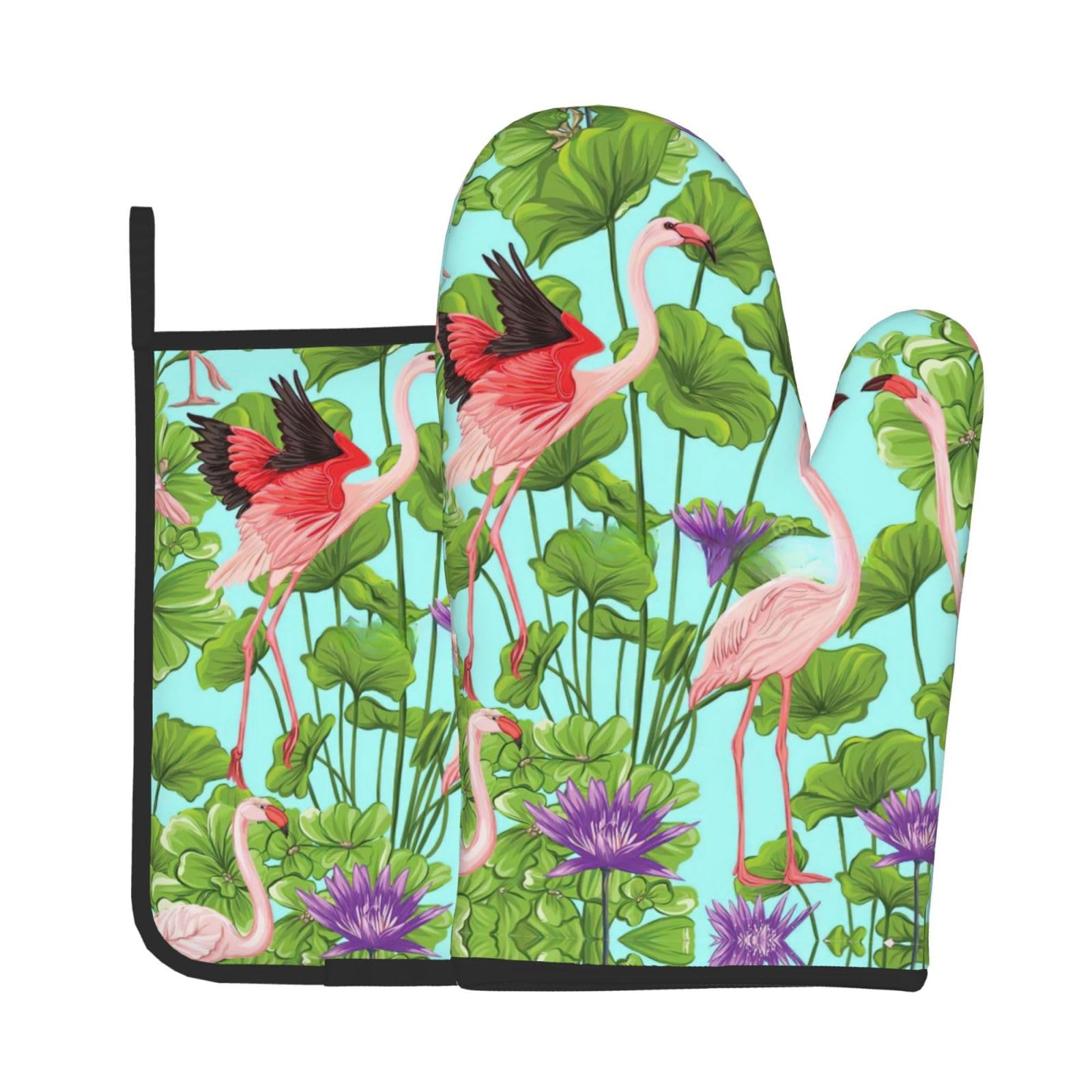 Flamingo Love Flowers Kitchen Baking Two-Piece Set,Multipurpose Oven Gloves,Used for Barbecue Kitchen Baking