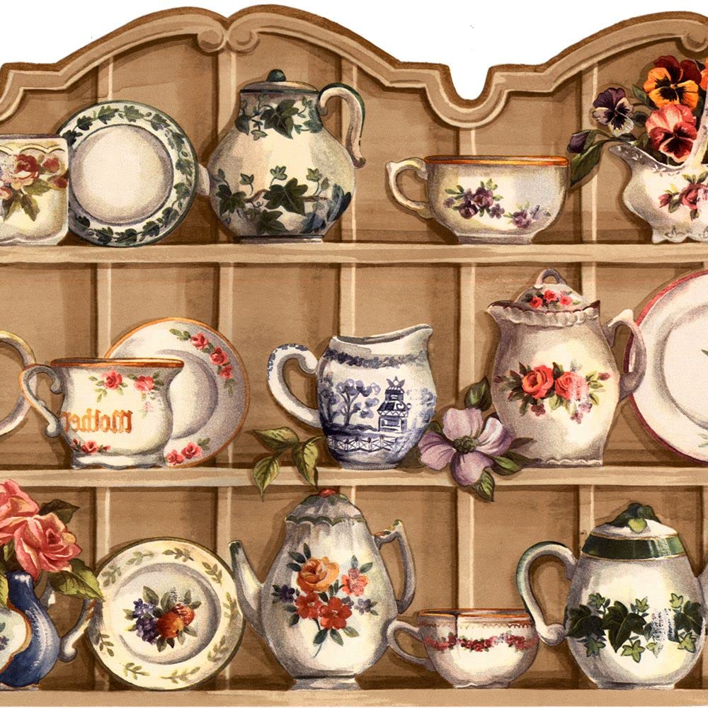 Bordure papier peint fleurs et tasses pour une cuisine et un salon chaleureux