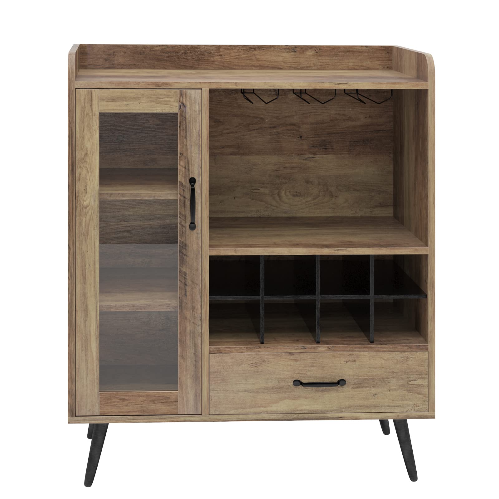 SogesHome Armoire à vin Buffet avec 1 Porte en Verre et tiroir 3 étages avec 8 Cubes de vin Buffet pour Rangement de vin avec Porte-Bouteille pour entrée, Salon, Cuisine