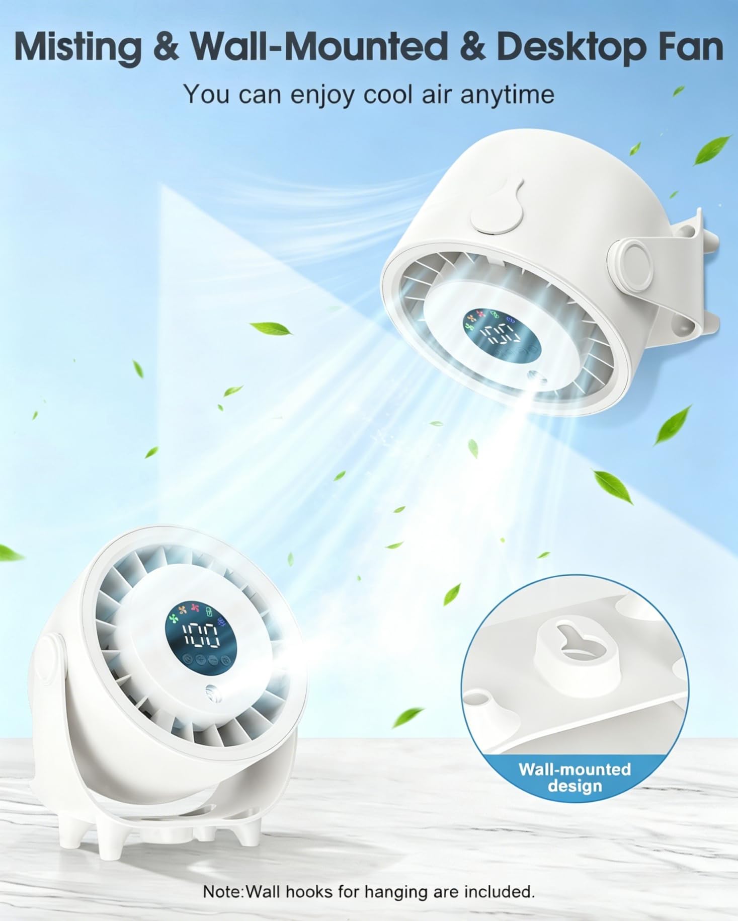 Ouddy Mode Ventilador de escritorio portátil de 100 velocidades, silencioso, con pantalla LED, diseño de pared de 6.3 pulgadas, recargable por USB, para dormitorio, oficina, hogar, cocina, al aire