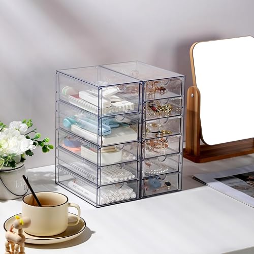 Miniatura 6 de RAMFIYN Caja de belleza apilable transparente con 5 cajones, cajones estrechos de almacenamiento de acrílico, cajones de almacenamiento delgados,