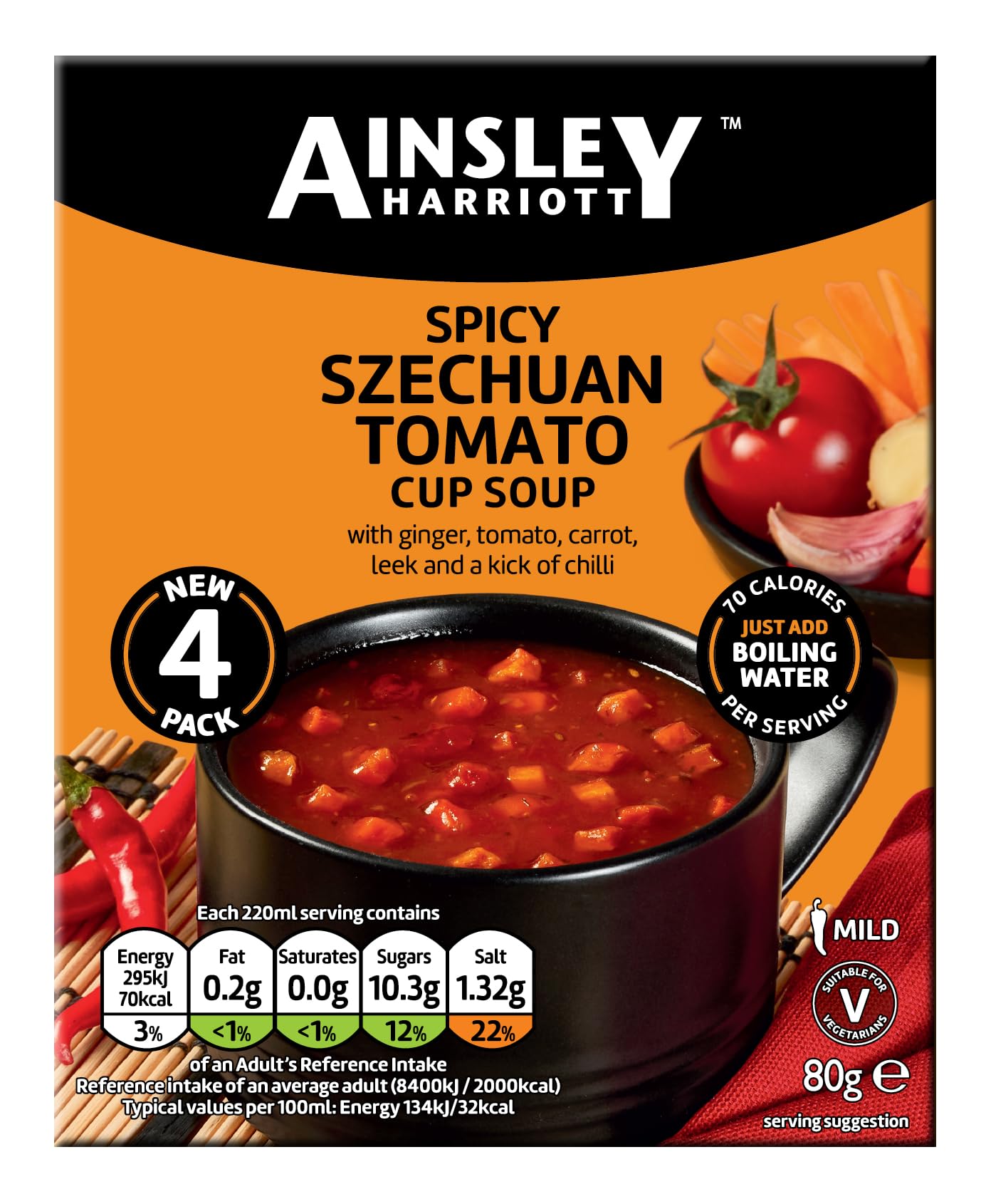 Ainsley Harriott Spicy Szechuan Tomato Cup Soup 8x80g sachets, Quick & Convenient Instant Soup, Quick Snack or Meal Alternative, Bulk Pack Multipack