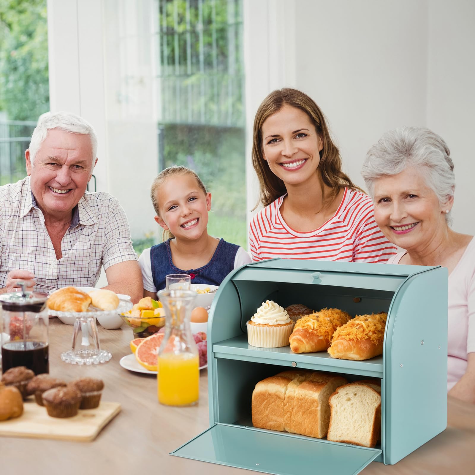 Brotkasten, Brotkasten für Küche, Große Brotbox mit Roll-Top-Deckel, Doppelter Metall-Brotbehälter, Aufbewahrungsbehälter für frische Brote, Kekse, Gebäck 40 x 32 x 24 cm (Grün)