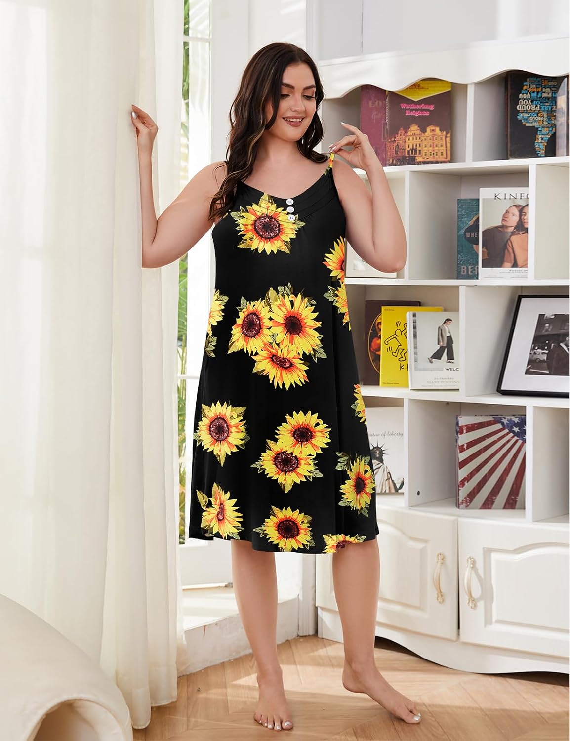 MONNURO Women's Nightgown Sleep Dress V Neck Sleeveless Soft Pleated Chemise with Pockets Tank Night Shirt Plus Size 1X-5XL