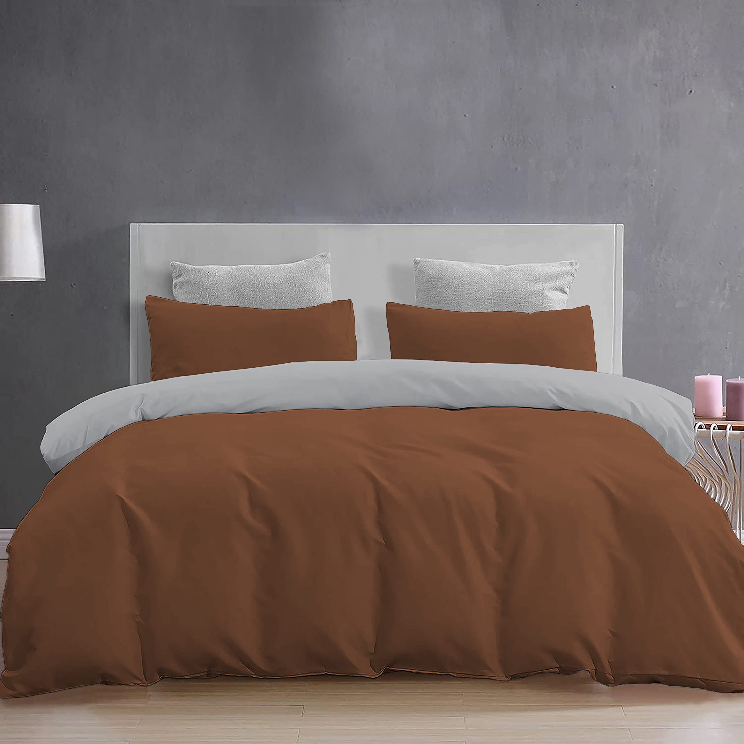 YRM Bedding's Duvet Covers - 100% Microfiber Reversible, 3-Piece Duvet Cover Set, Ultra Soft with Zipper Closure (92X106 Inches) and 2 Pillow Cover (18X28 Inches) - King Size(Silver/Chocolate Brown)
