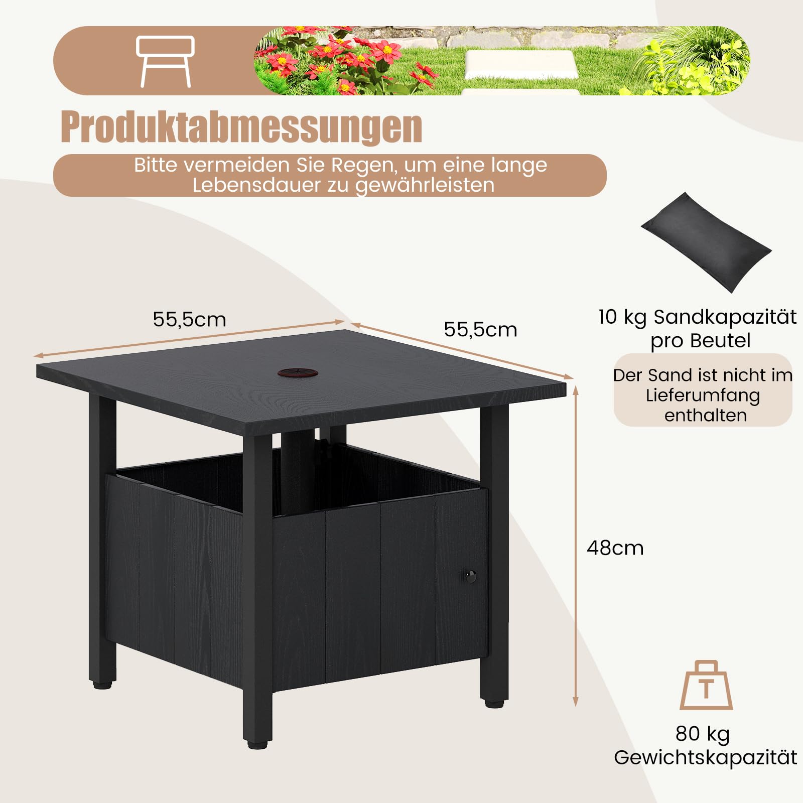 COSTWAY Stolik pomocniczy Outdoor, odporny na warunki atmosferyczne, metalowy stół ogrodowy z otworem na parasol i 2 workami na piasek, mały stolik balkonowy, stolik kawowy do ogrodu, na balkon, taras
