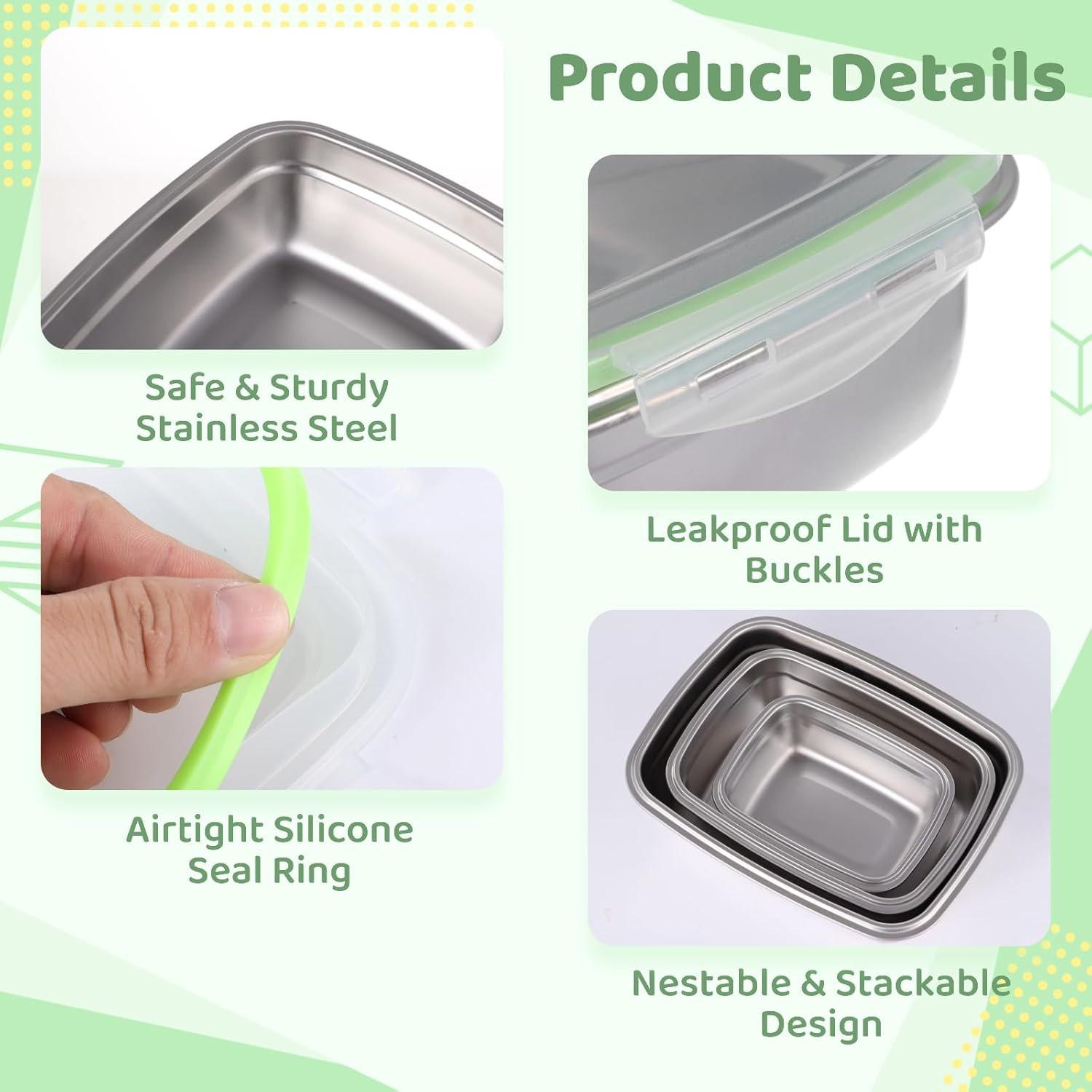 Square 304 Stainless Steel Food Containers with Lids, Airtight Bento Lunch Box, Metal Meal Prep Food Containers Reusable Stackable Nestable Oven Dishwasher Freezer Safe - Image 3