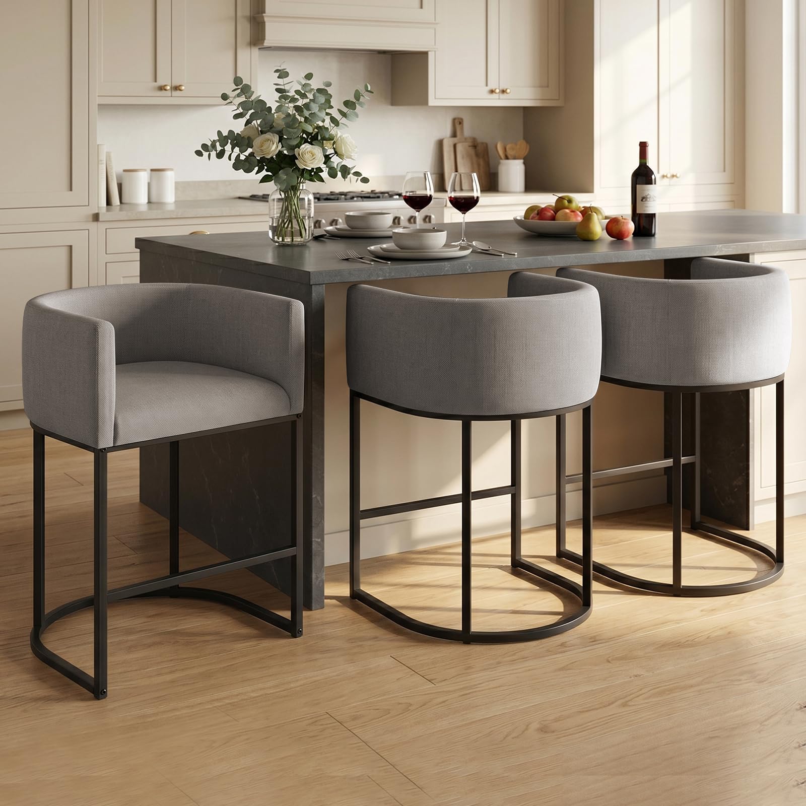 Counter Height Bar Stools Set of 3, 24 Inch Seat Height Barstools for Dining Room, Fabric Upholstered Bar Chair for Kitchen Island, Linen Counter Stools with Metal Legs, Gray