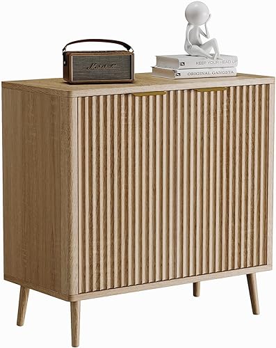 Miniatura 8 de Moderno gabinete de buffet delgado acanalado con almacenamiento, aparador redondeado de mediados de siglo con puertas y estantes ajustables, armario