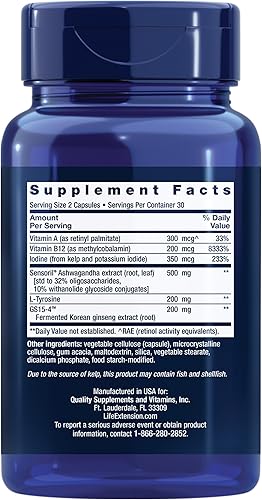 Miniatura 2 de Life Extension Triple Action - Suplemento de apoyo para la salud de la tiroides con vitaminas A B yodo magnesio L-tirosina Ashwagandha y ginseng