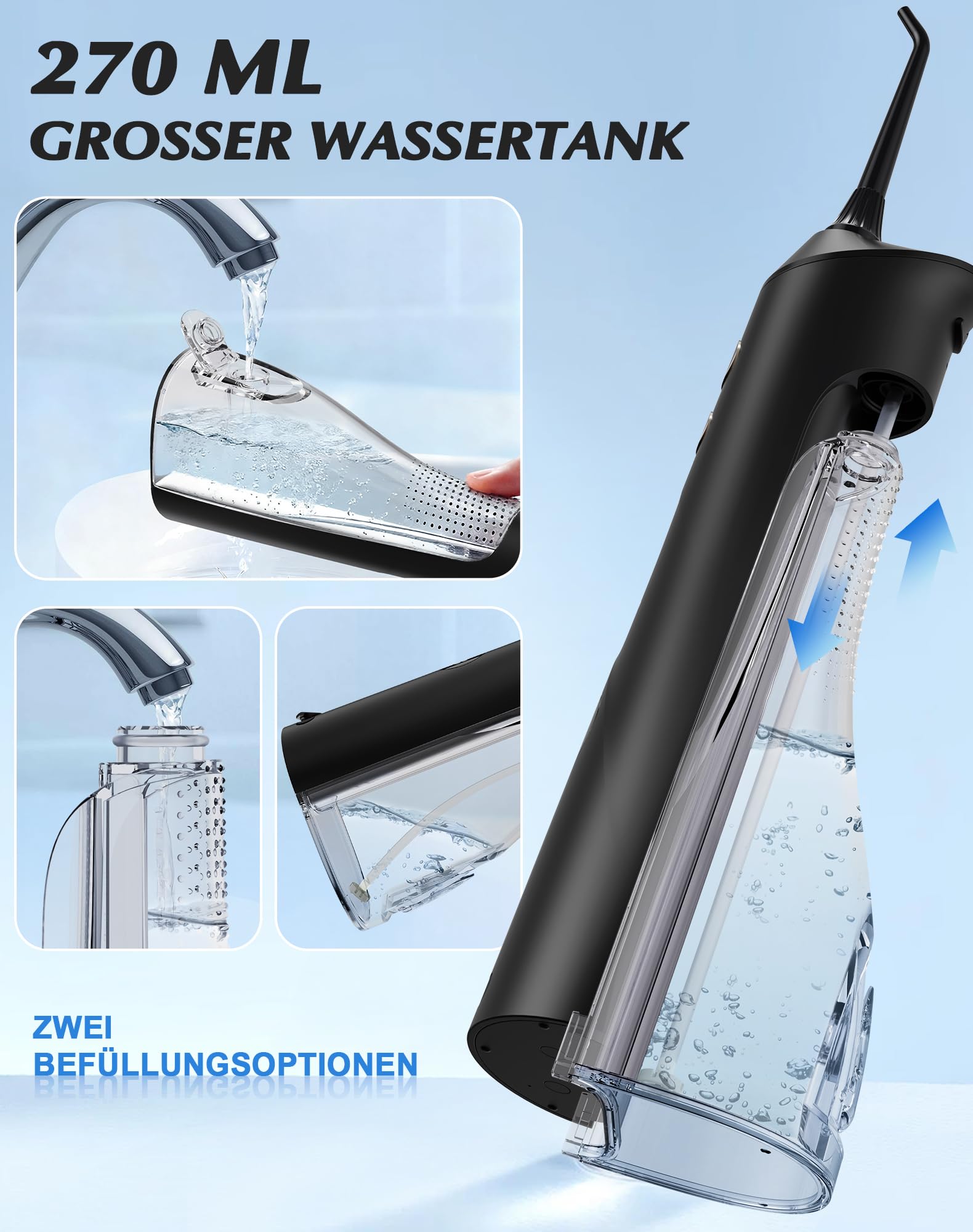 Munddusche Kabellos Elektrischer, 2026 Testsieger, 5 Jet-Tipps und 4 Modi, Zahnpflege und Zahnreinigung Zwischenräume, Mundpflege, Großer Tank, IPX7 Wasserdicht, für Hause und Reisen