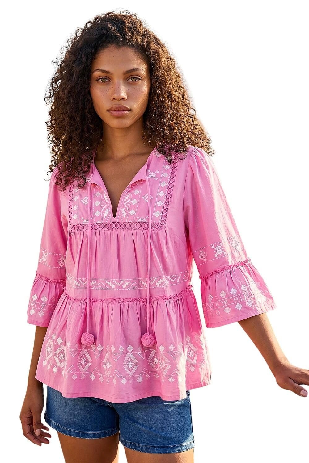 Roman Petite Contrast Print Pom Pom Top for Women UK - Ladies Everyday Holiday Spring Summer V-Neckline Comfy Soft Evening Vacation Work Party - Petite Pink - Size 16