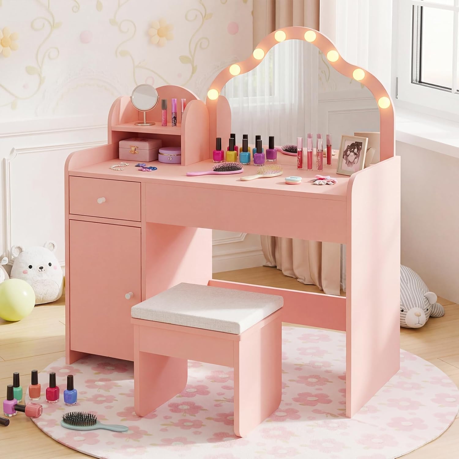 Costzon Kids Vanity with Lights, Girls Vanity Set with Mirror and Stool, Drawers, Cabinet, Storage Shelf, Princess Makeup Desk Dressing Table, Wooden Kids Vanity Table and Chair Set (Pink)