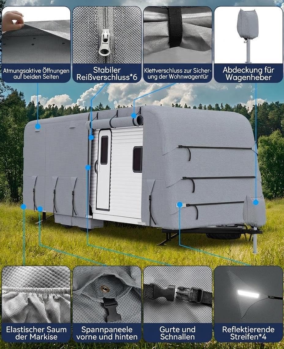 GarveeLife Wohnwagen/Wohnmobil Abdeckplane 4-Lagig 160 g/M² Dach + 3-Lagig 110 g/M² Seiten, Wasserfest, UV-Schutz (UPF 50+), Reißfest, Mit Lüftungsöffnungen, Rollbare Zugangspaneele