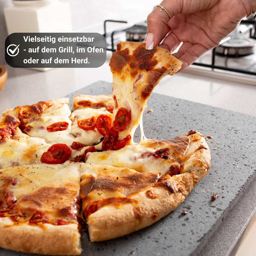 VDN Pizzastein für Backofen - Pizzastein Gasgrill [Italien-Lavastein, Hitzebeständig] - Geeignet als Backstein und Grillstein - Rechteckig [für 28-29cm Ø Pizzen]