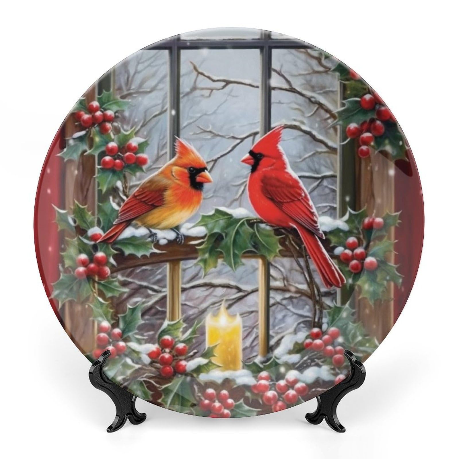 TEERMLLQWA Bone China Decorative Plate, Winter Cardinal Birds at Window Ceramic Decorative Plate for Home Office Wall Decor, with Vertical Stand