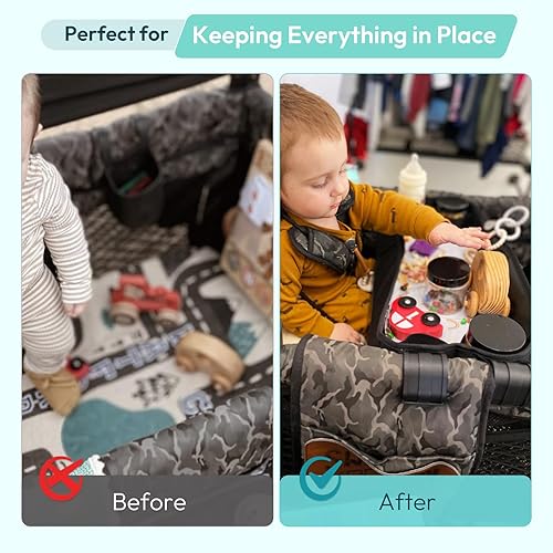 Miniatura 5 de Bandeja de doble cara para cochecito Wonderfold Wagon, aperitivos y actividades para niños, lados de piel sintética para comer, portavasos y