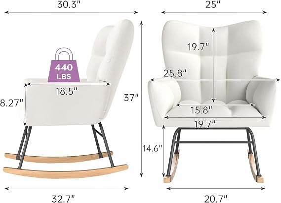 Murago Rocking Chair Nursery, Nursery Rocking Chairs, Baby Rocker, Glider Rocker, Safety Anti Tip Design, 440 Lb. Capacity, Cotton Fabric Cover, White