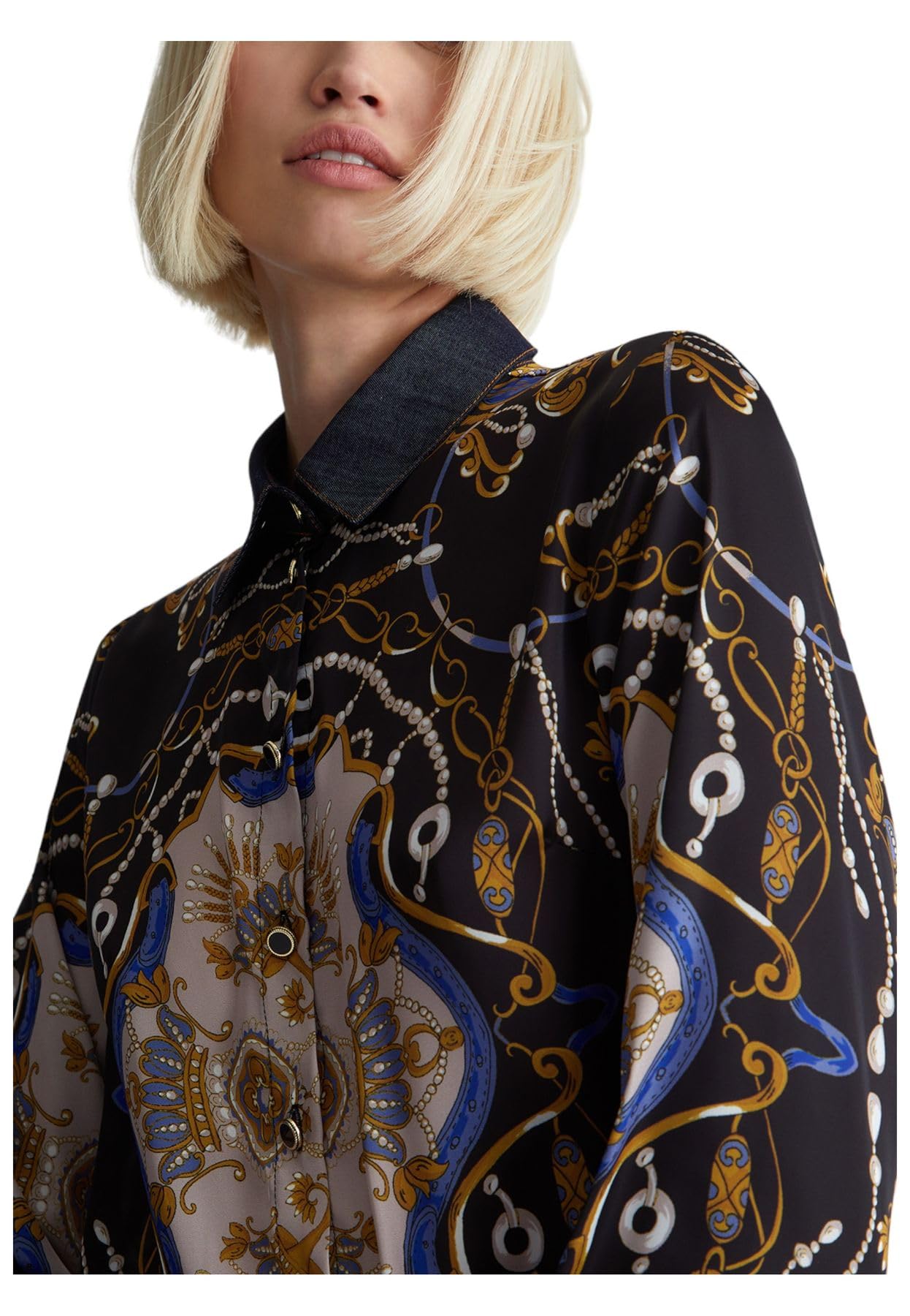 Liu Jo Damenhemd, Modell aus regulärer Passform, aus Satin und Denim, Farbe den.Blue Barock Was