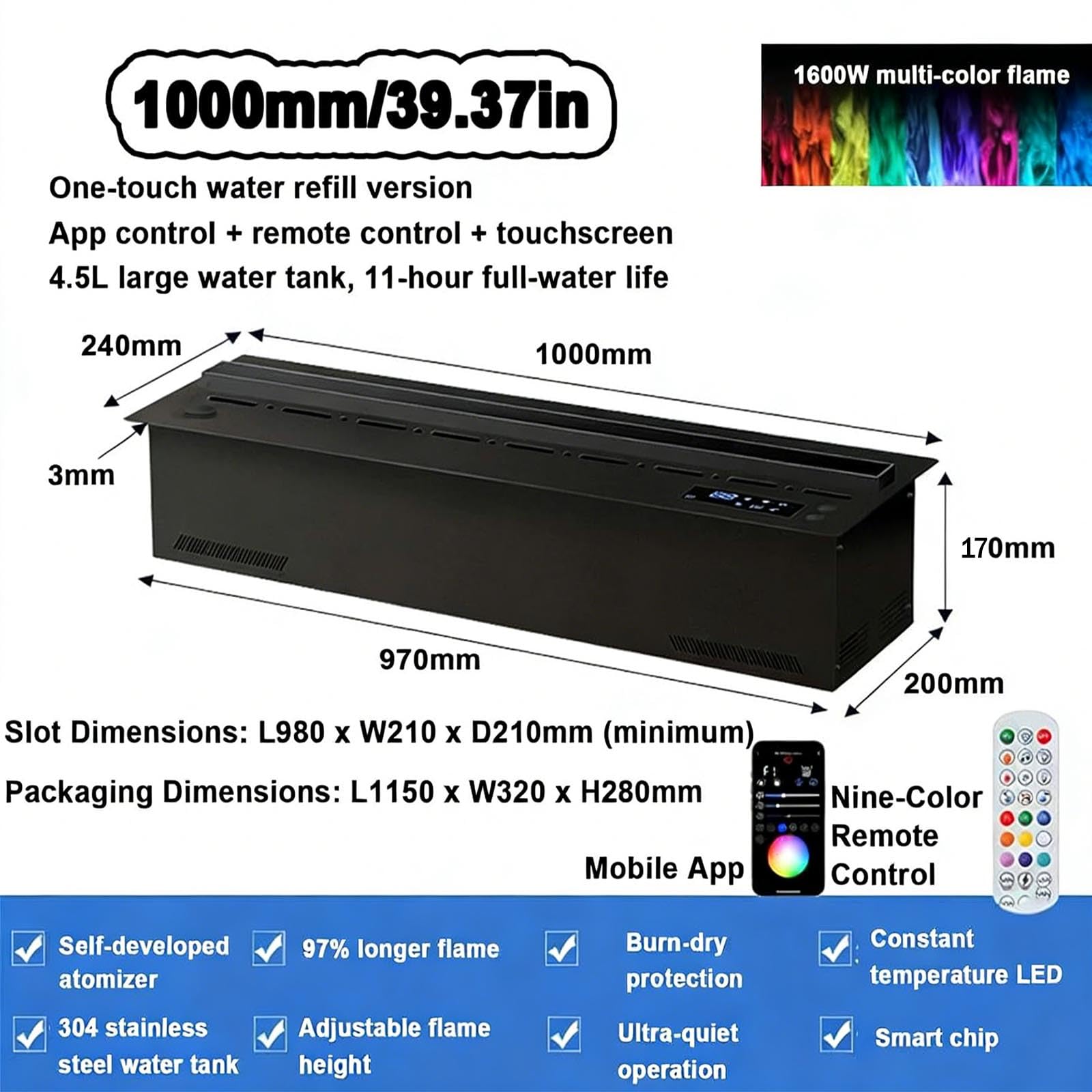 Dekorativer elektrischer Kamineinsatz mit echtem Wasserdampf und Flammeneffekt, Wasserdampf-Kaminbefeuchter mit 3D-Zerstäubungsflamme, ultradünne 3-mm-Platte, keine Heizfunktion, A, 100 cm/39,3 Z
