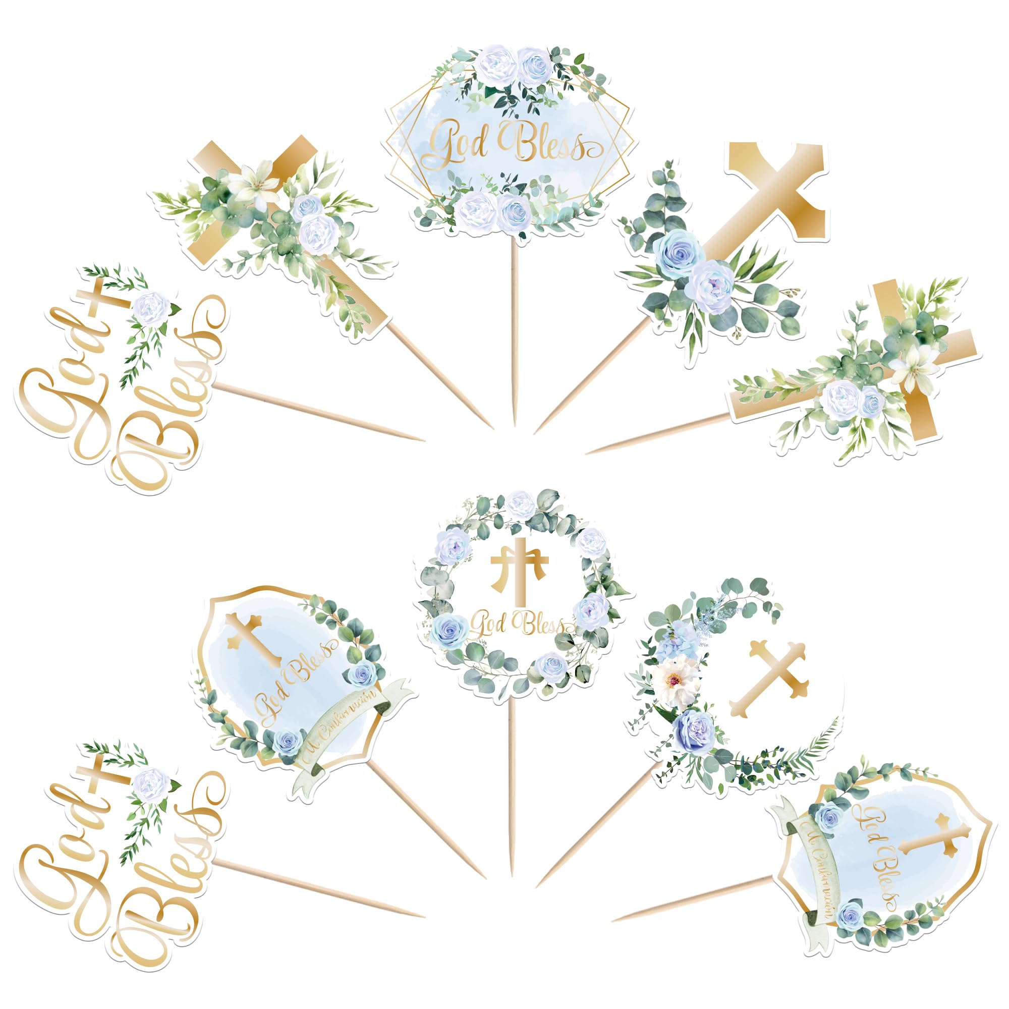Xsstarmi 35 Pack God Bless Cupcake Toppers Cross Blue Wreath Cupcake Picks for Christian Baptism Baby Shower Boys First Communion Party Cake Decorations Supplies - Image 3