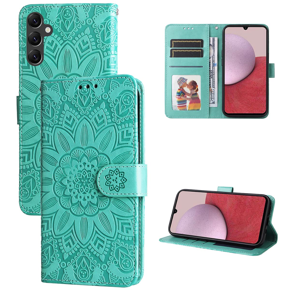 MonwutongWallet Phone Case for Samsung Galaxy A14 4G/5G, Sunward Flower Embossing Shockproof PU Leather Case with Magnetic Clasp and Cash Card Slots Holster for Galaxy A14, XYH Green