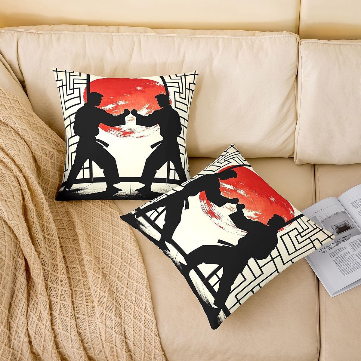 Feelyou Japanese Anime Throw Pillow Covers 1 Pcs Samurai Decorative Pillowcase Exotic Style Cushion Covers for Sofa Couch Bed Cushion Case Home Decor 22 x 22-Inch image 2
