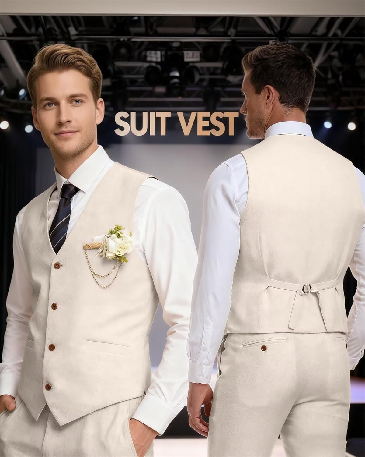 Retro Linen Men's Suit 3 Pieces Slim Fit Linen Prom Wedding Suits Casual Tuxedo Set Groom Jacket Blazer Vest Pants for Men - Image 5