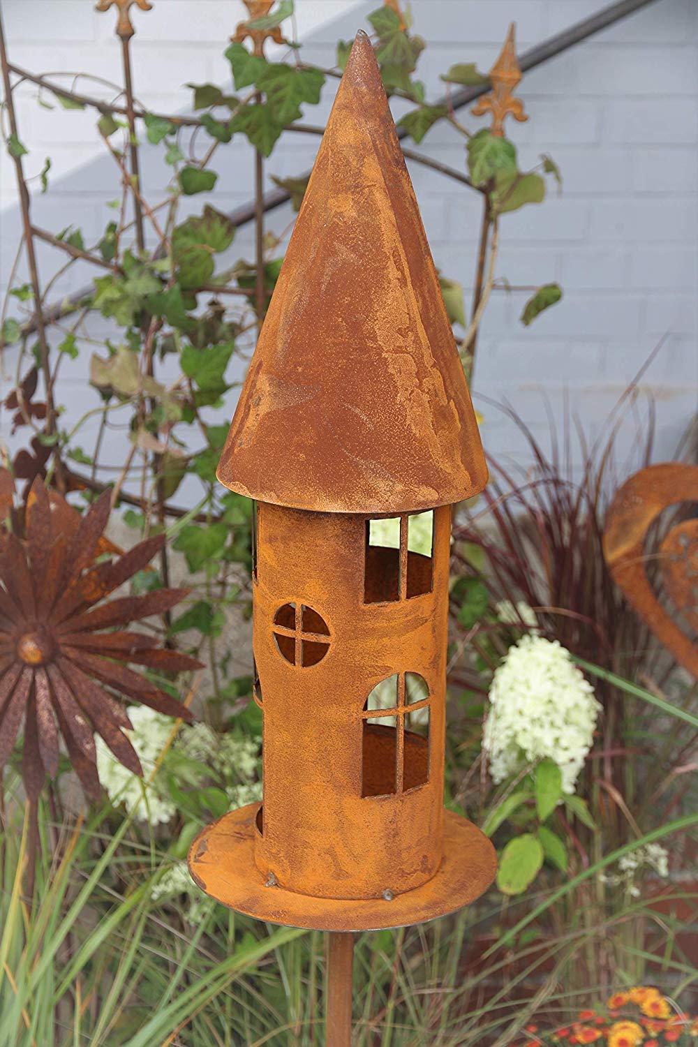 Bornhöft Edelrost Gartenlicht Windlicht Vogelhaus Schmal am Stab Windlicht Futterstelle Gartendeko 169cm
