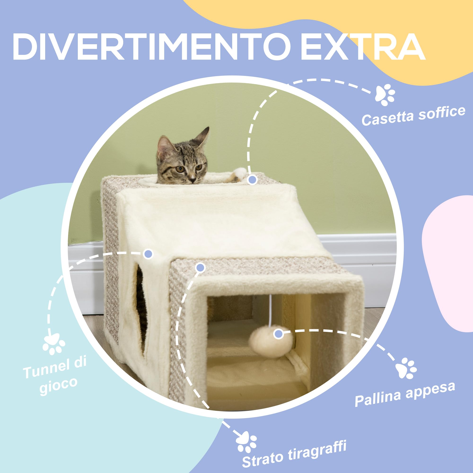 PawHut Tunnel per Gatti Pieghevole con Casette e Tiragraffi, Tunnel Gioco per Gatti, Cuccioli e Animali Domestici, Giocattoli con Pallina in Peluche e Sisal, Interno e Esterno, Crema