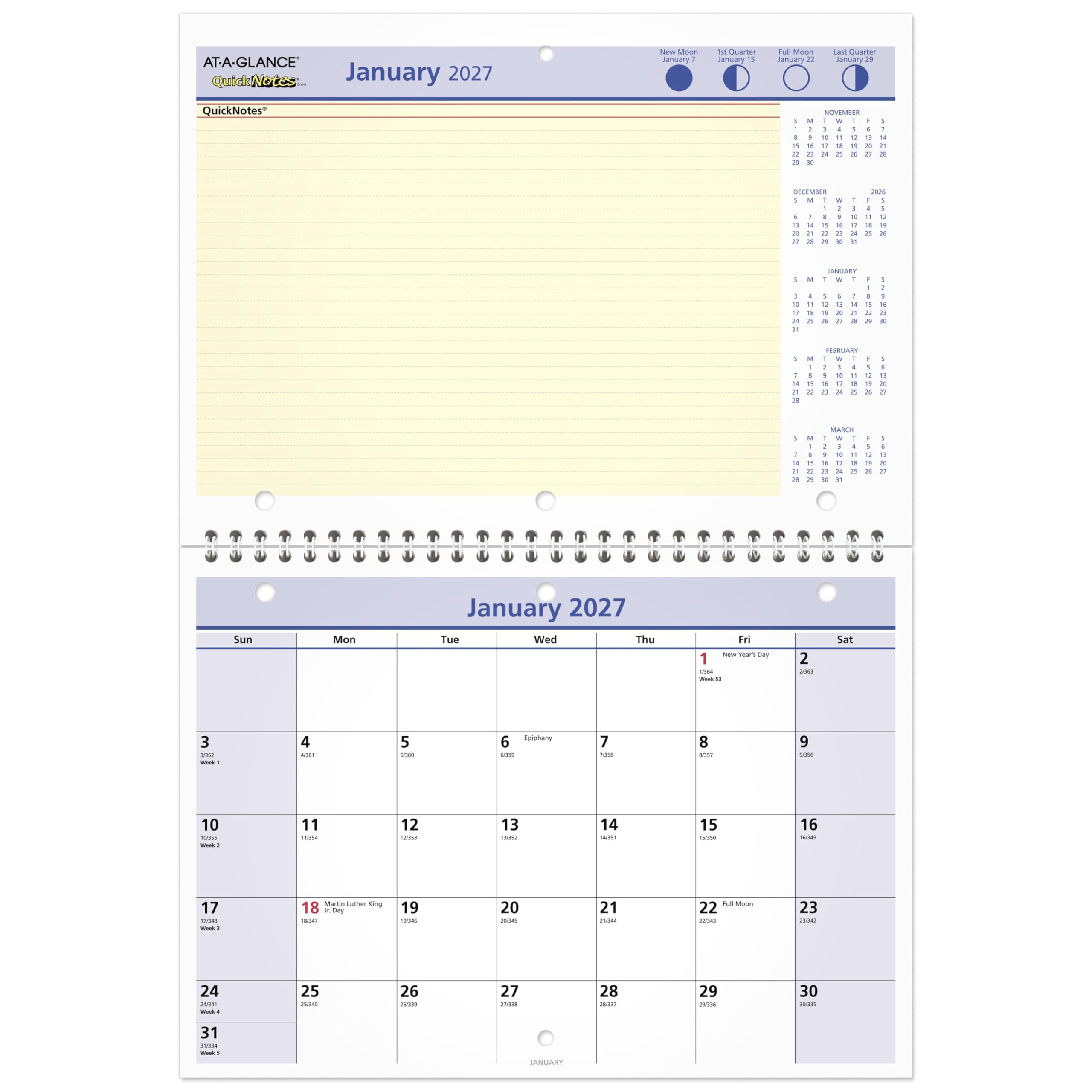 AT-A-GLANCE 2027 Wall Calendar, 8" x 11" Planner, Fits 3-ring Binder, Unruled Blocks, QuickNotes, Monthly (PM502827)