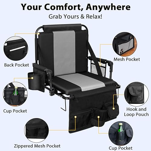Miniatura 5 de Romswi 2PK - Silla de estadio portátil con respaldo y cojín con reposabrazos, soporte para espalda, soporte para tazas, bolsa de malla y gancho