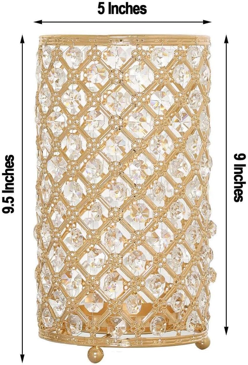 Efavormart 2 Pack | 9” Gold Metal Crystal Beaded Pillar Votive Candle Holder Set, Multipurpose Crystal Stem Vase