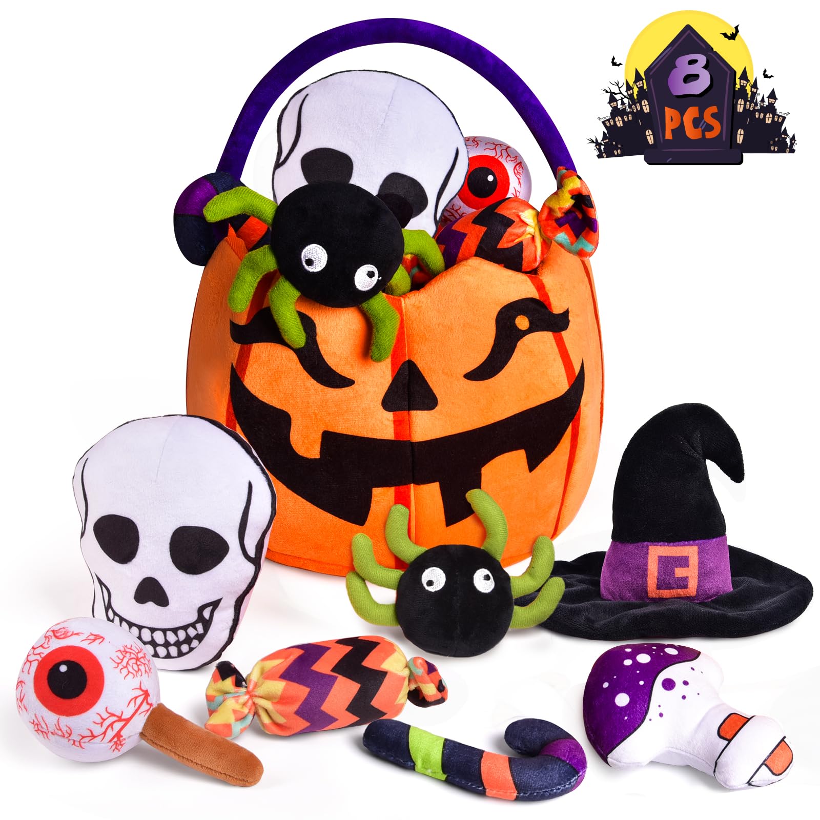FUN LITTLE TOYS 8 PCS Halloween Stuffed Animals Pumpkin Bascket with Plush Toys, Include Spider Eyeball Candy Cane Skull for My First Halloween Party Decoration Toddler Toys Trick or Treat Baby Gifts