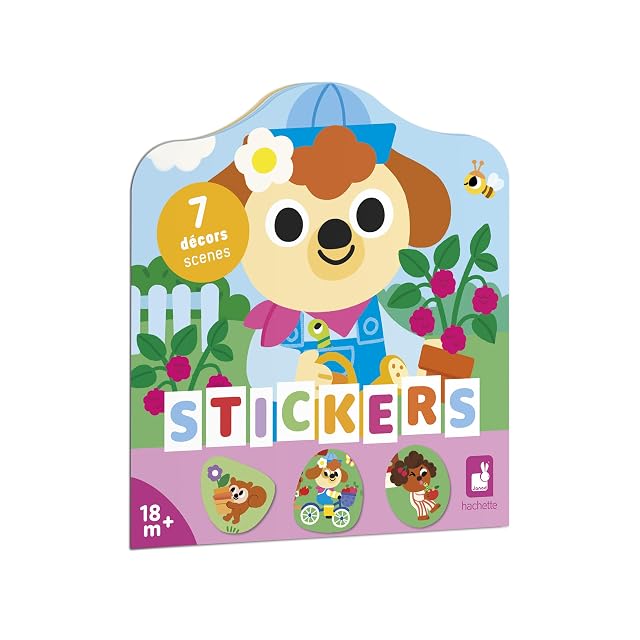 Janod Cuaderno de Pegatinas a Partir de 18 Meses - El Tema del jardín - 12 páginas para Decorar - 8 páginas de Pegatinas - Ocio Creativo Infantil - Motricidad Fina y Concentración