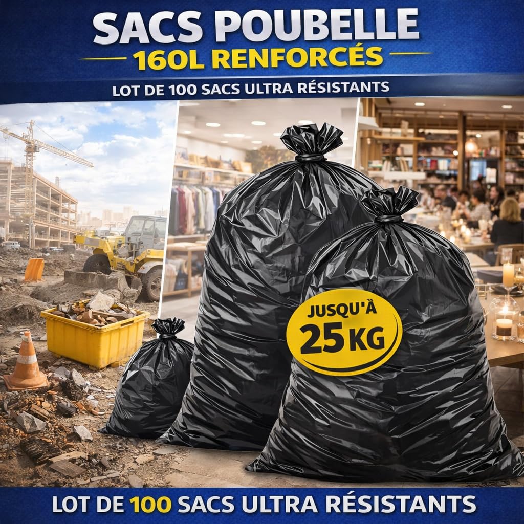 Bolsa de basura de 160 litros (cartón de 100 bolsas) | Reforzado - Muy resitante (40µ) | Todos los residuos y basura | Negro opaco - Resistente al agua - Opaco - Anti cortes |