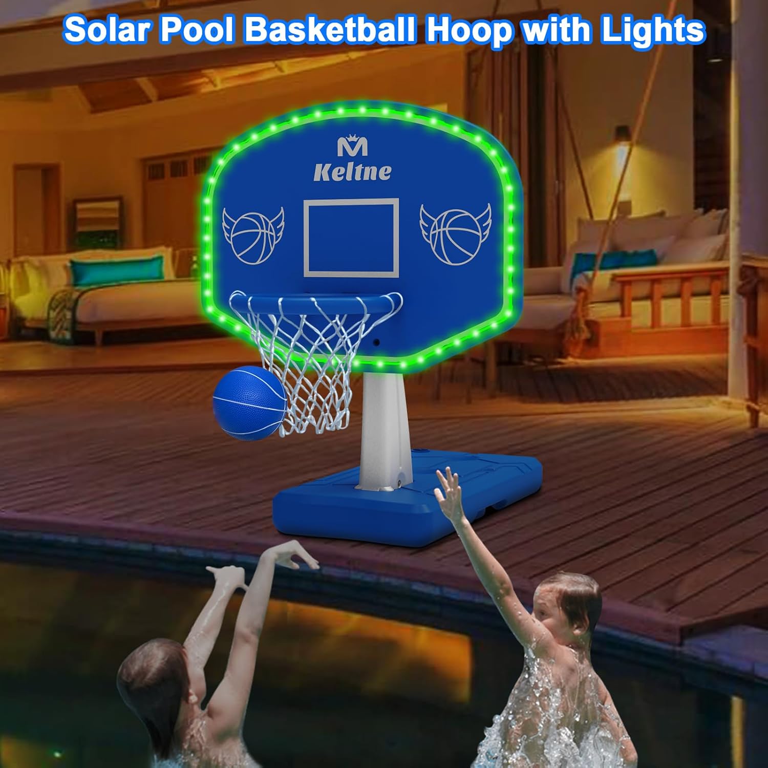 Blue LED Pool Basketball Hoop Poolside, Large Solar Powered Basketball Hoop for Pool, Swimming Pool Basketball Game Toys with Lengthen Sturdy Base for Kids Adults, Includes 2 Balls and Pump
