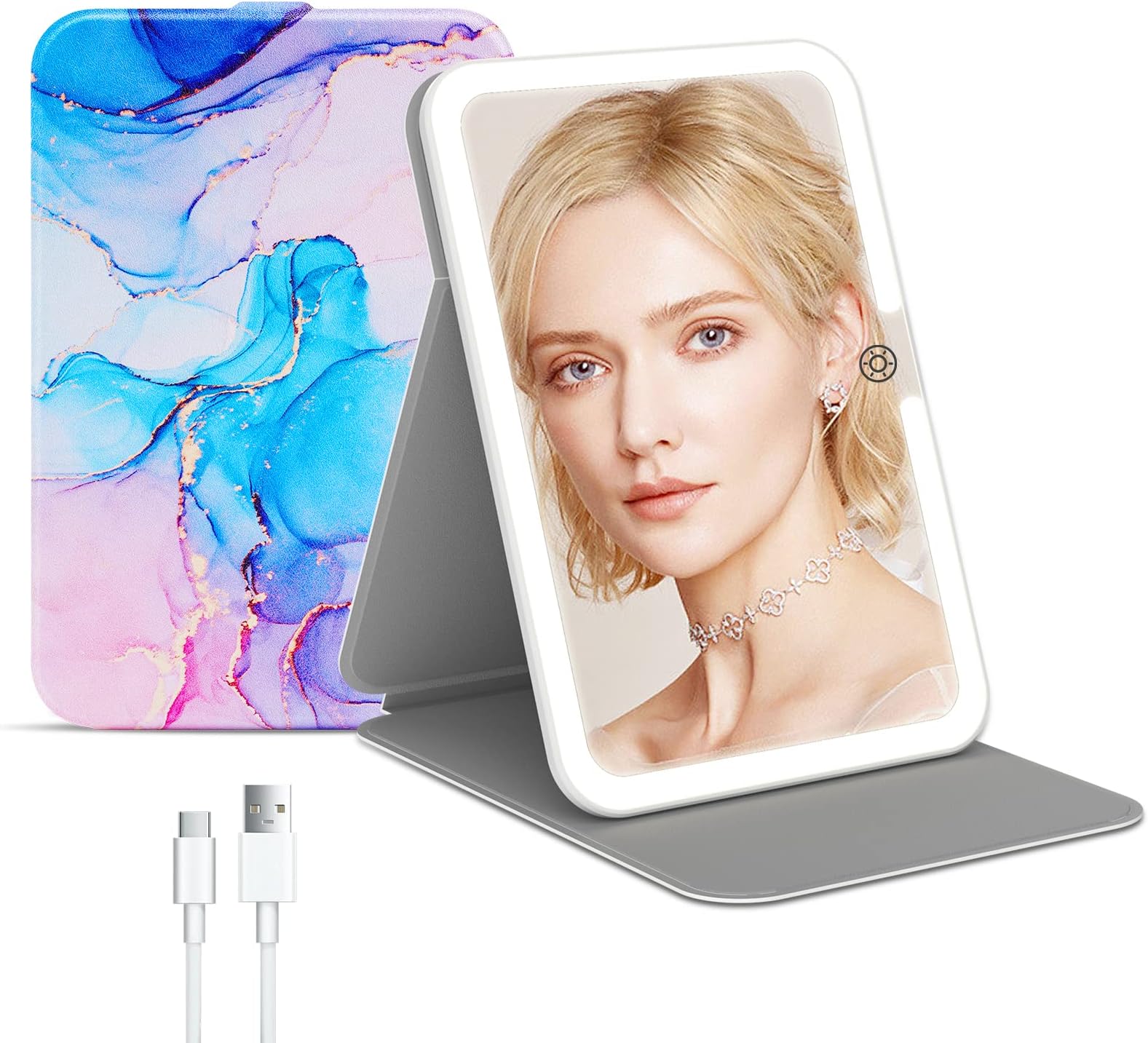 Rechargeable Travel Lighted Makeup Mirror with PU Leather Cover, Portable Travel Makeup Mirror with Lights, 3 Color Lighting,Touch Sensor Dimmable, Light Up Tabletop Folding Cosmetic Mirror Colorful