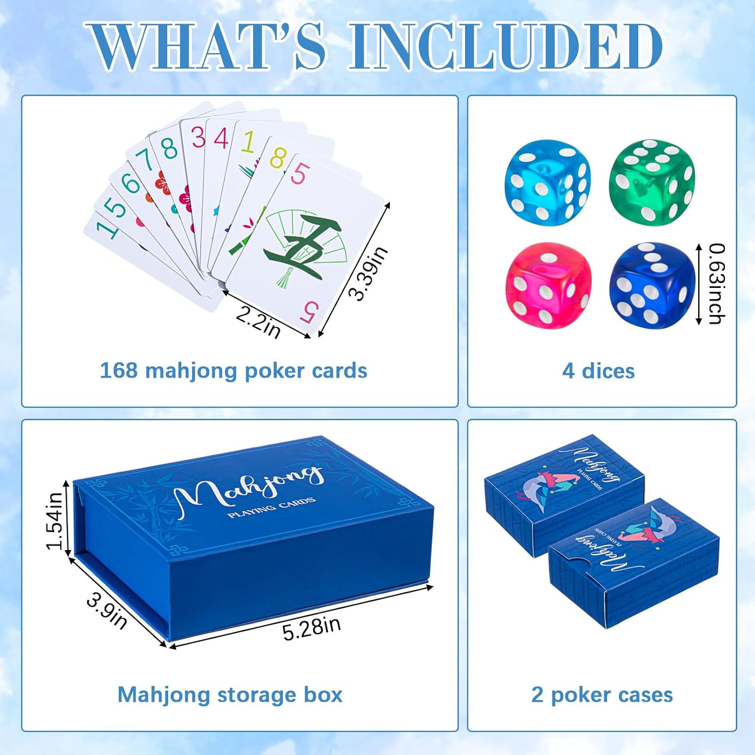 Soulchen 168 Pcs Mahjong Playing Cards American Style Blossom Numbered Large Print PVC Poker Mahjong Tiles with 4 Dices 2 Storage Box for Travel Home, Portable Gift(Floral,Blue)