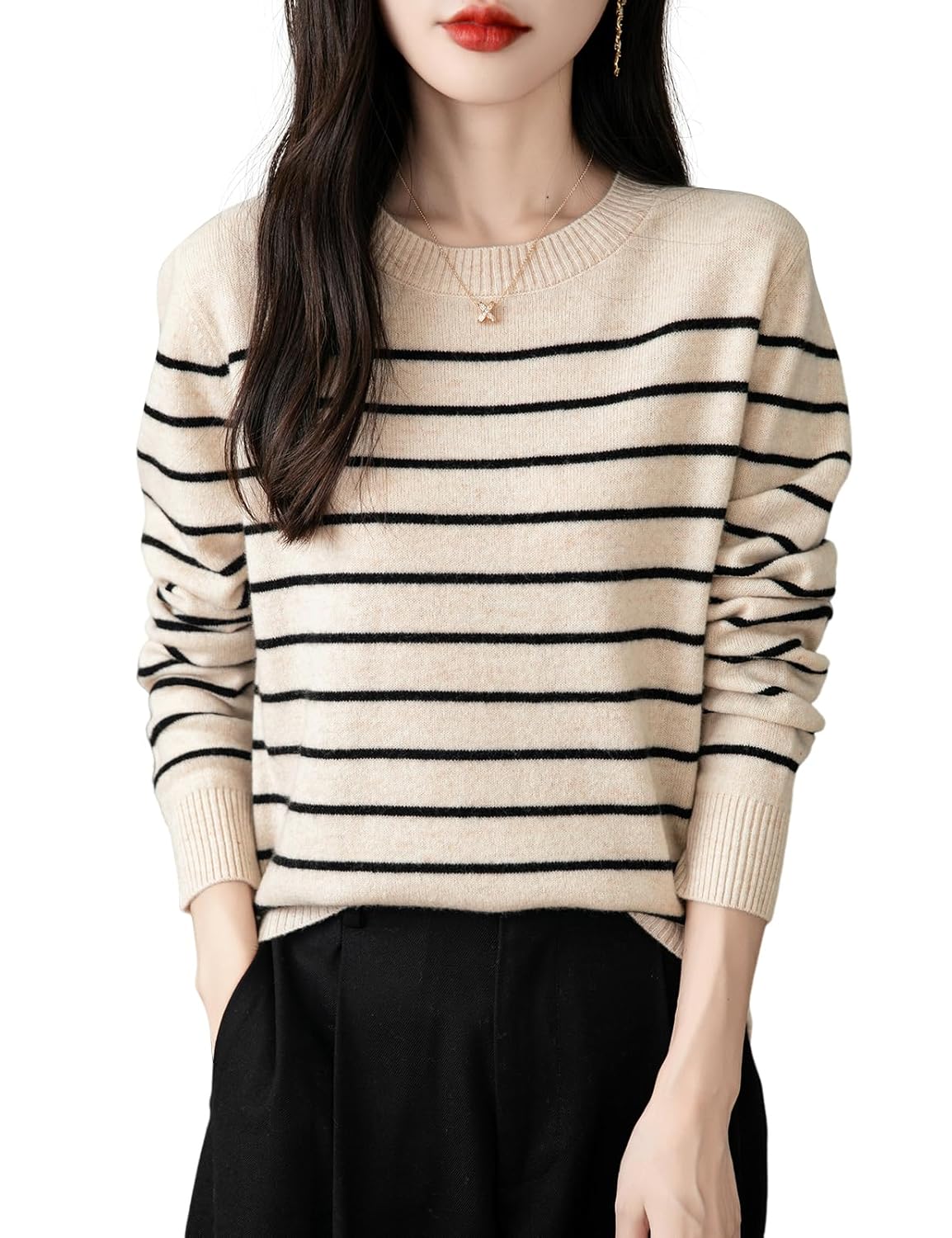 Chanyarn Womens 100 Merino Wool Sweater 2025 Fall Winter Crew Neck Striped Long Sleeve Warm Soft Knit Sweater