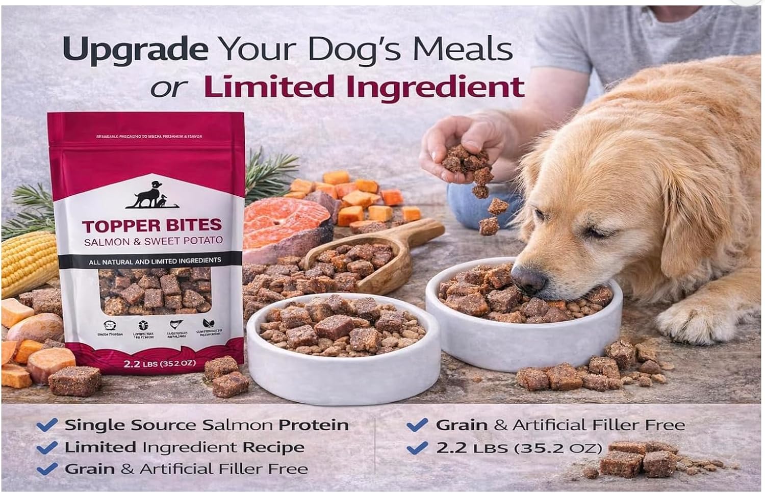 Salmon & Sweet Potato Dog Food Topper Bites 2.2 lb (35.2 oz) | Single Protein, Grain Free, Limited Ingredient Natural Dog Treats for Training, Meal Toppers & Sensitive Dogs