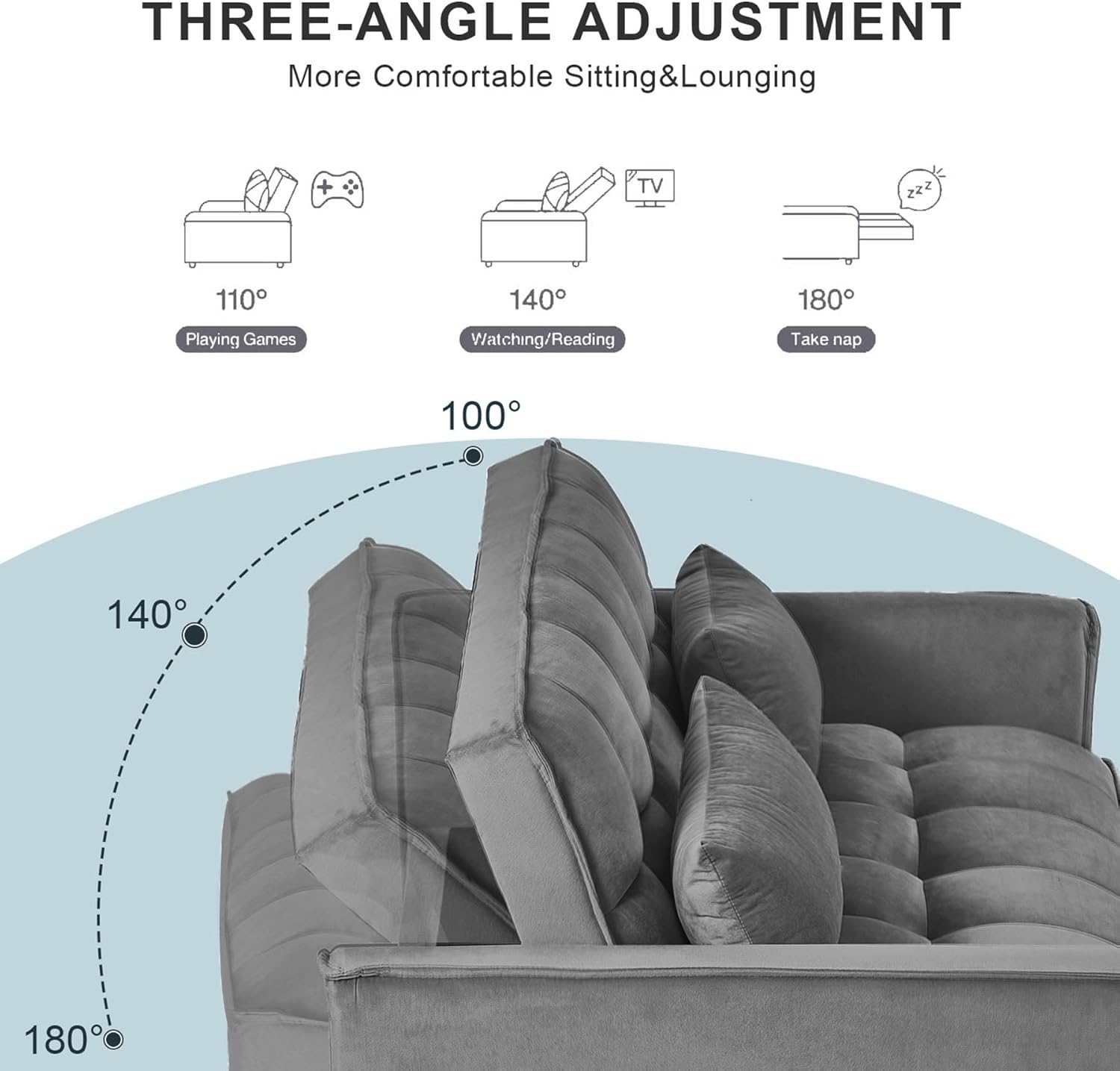 Modern Velvet Loveseat Futon Sofa Bed - 3-in-1 Convertible Sleeper with Reclining Backrest, Toss Pillows & Storage Pockets, Small Space Friendly Lounge Couch for Living Room/Guest Room, (Light Gray)