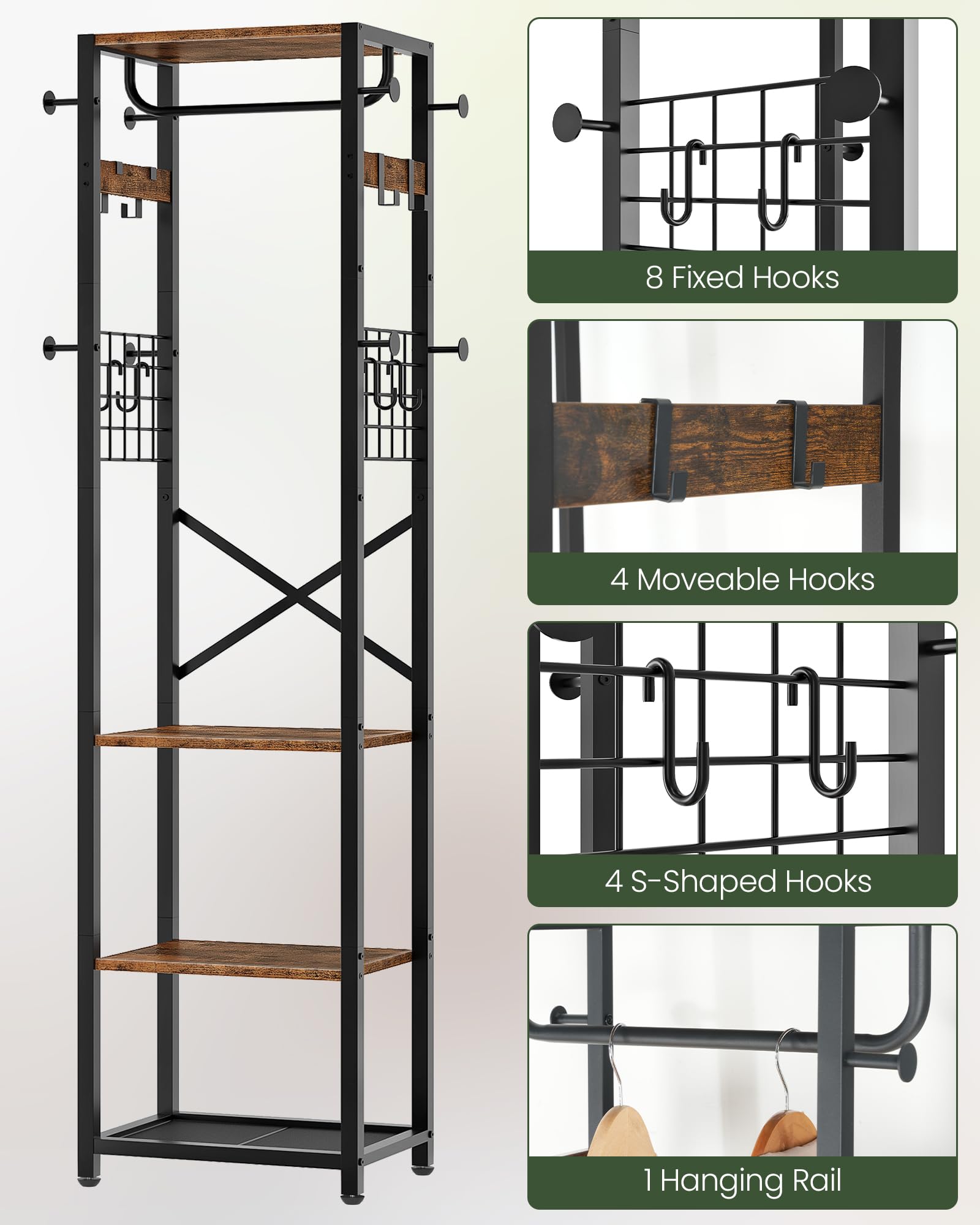CHOEZON Garderobenständer, Kleiderständer mit 3 Ablagen, 16 Haken und Kleiderstange, freistehende Garderobe, Industrie-Stil, für Eingangsbereich, Flur, Vintagebraun und Schwarz DTYM18BF
