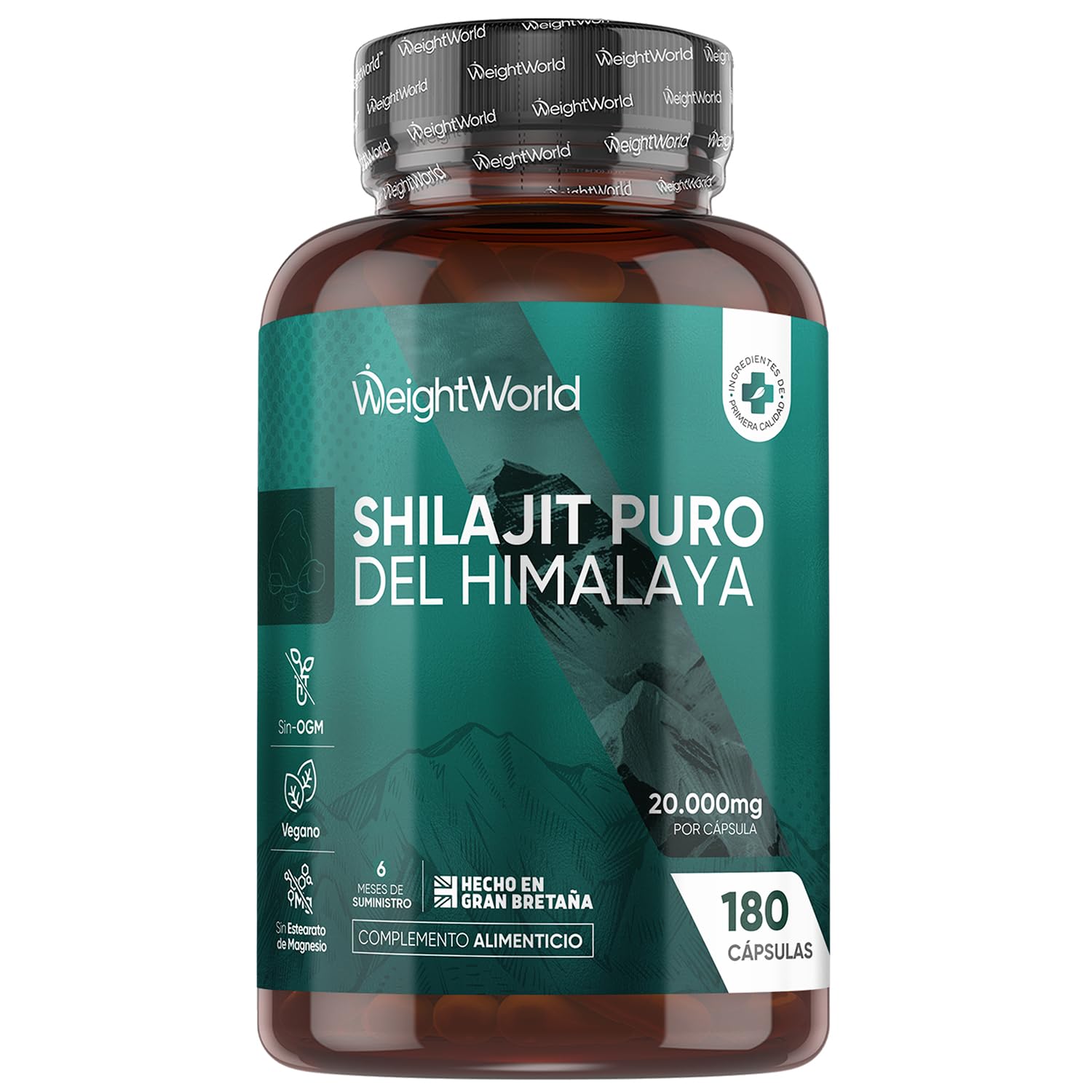 Shilajit Puro del Himalaya 20000mg, 180 Cápsulas Veganas, 6 Meses de Suministro - Extracto de Shilajit 40:1, Apto para Veganos, 1 Cápsula al Día, Sin Estearato de Magnesio ni OGM
