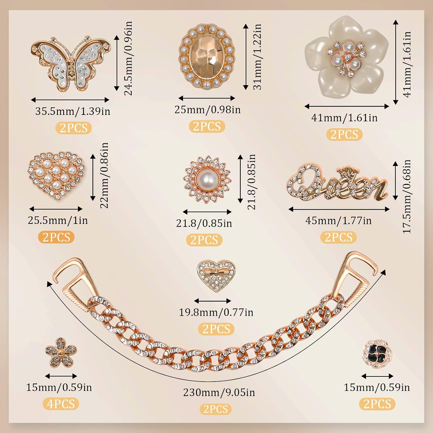 WAQYGZO Bling Shoe Charms Bling Chain Shoes Charms Accessories for Women Pearl Flower Clog Shoes Decoration Crystal Rhinestone Shoe Charm Cute Decor for Party Birthday Gifts (22 PCS Gold)