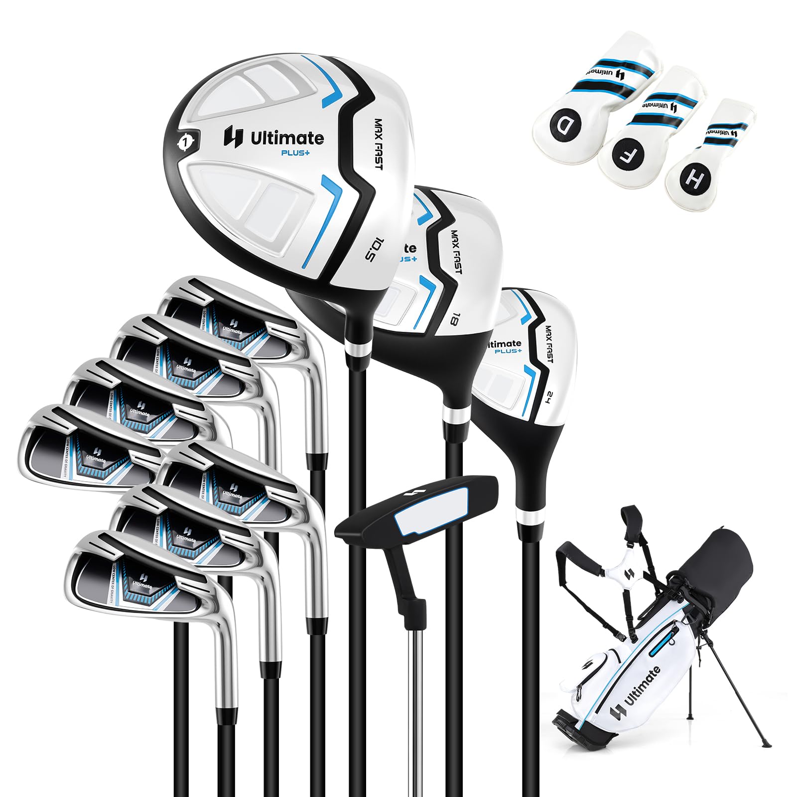 COSTWAY Ensemble Club de Golf Portable, Sac Trépied avec Driver 460CC #1, Bois #3 Hybride Fers #5#6#7#8#9#P #S Putter, Couvre-Chefs pour Droitier