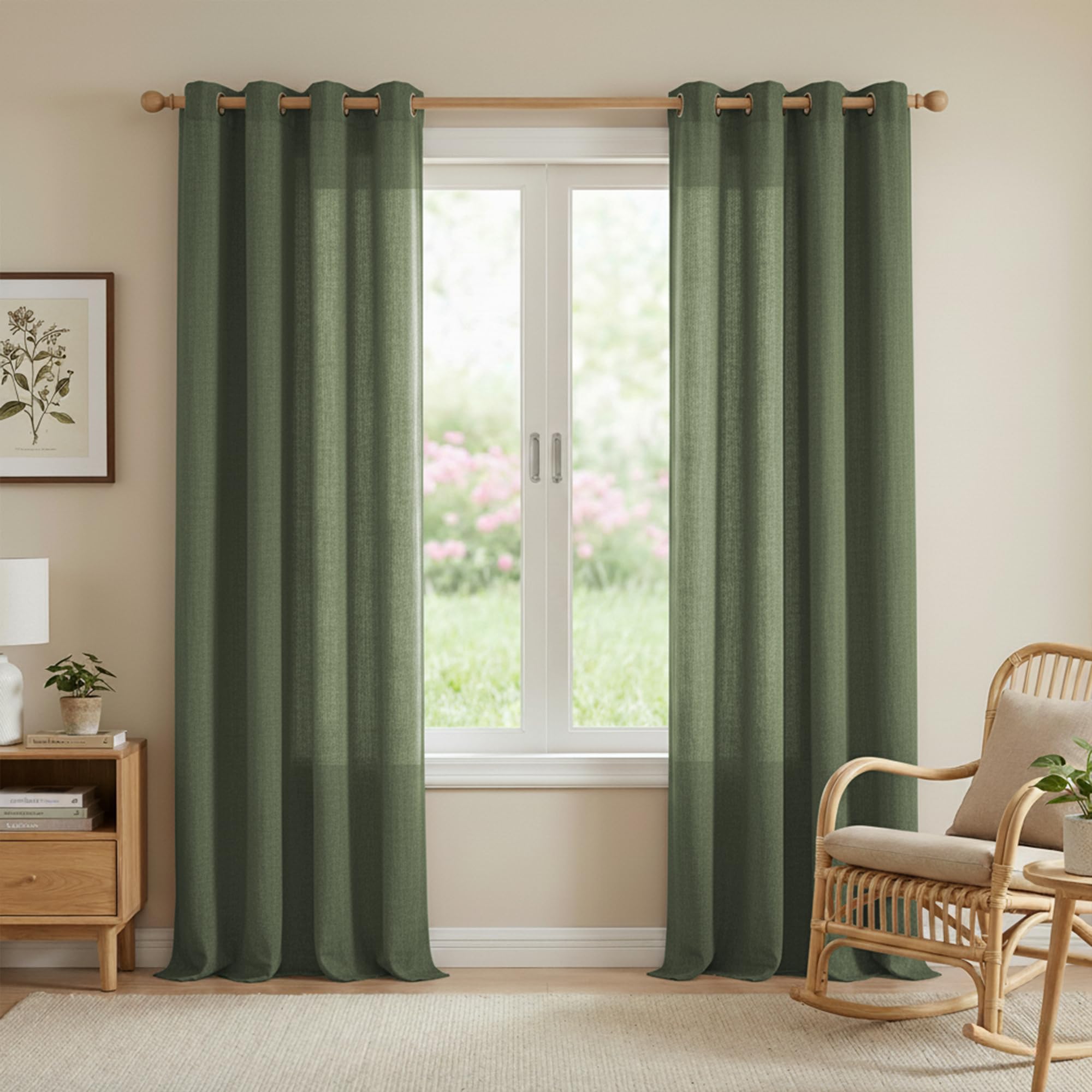 PONY DANCE Linen Curtains 90 Drop, Country - Style Curtains with Linen Eyelet Top Office Rustic Privacy Semi Sheer Panels Light Filtering for Bedroom/Dining Room, 55x90-Inch, Set of 2, Forest Green